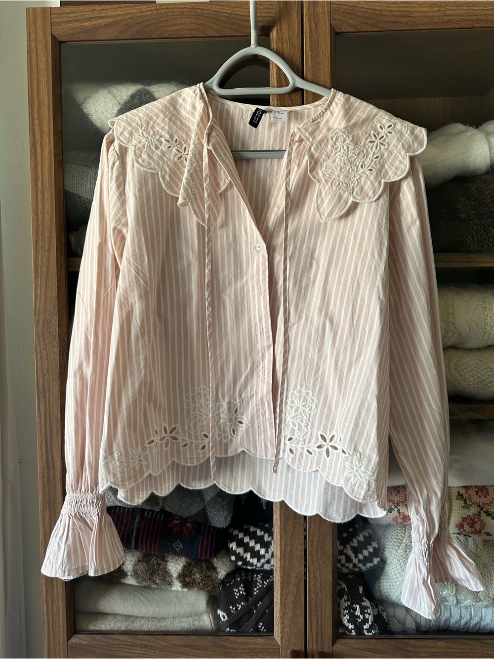H&M Pale Pink Striped Embroidered Peter Pan Collar Button-Down